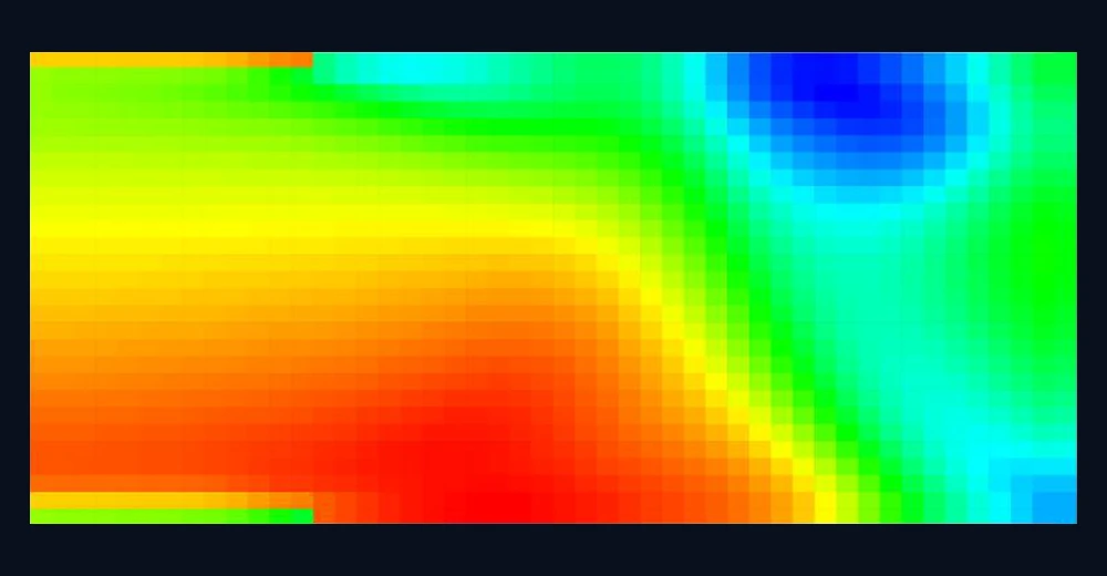 AeroSol's blade-to-blade relative Mach field at 50 percent span: high relative Mach along the suction surface near the leading edge, falling through the passage to a low-momentum region at the trailing edge.