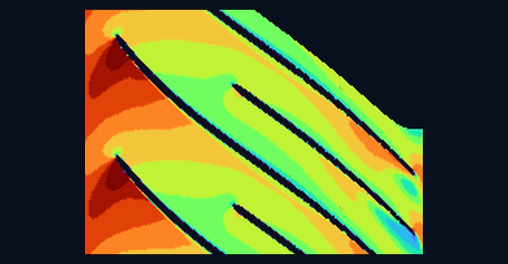 The CFD solution of the same section over two blade pitches: the same suction-surface acceleration and passage deceleration, with the splitter blade resolved.