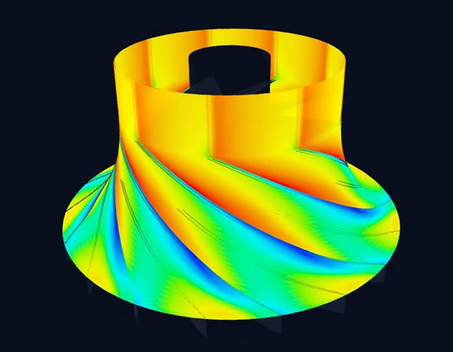 AeroSol's 360 degree passage contour surface near the shroud: low relative Mach streaks down the suction side of every blade, high relative Mach around the shroud toward the exit.