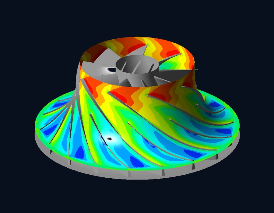 The CFD solution on the same impeller, mirrored so that it turns the same way as the frame beside it, showing the same low relative Mach streaks on the suction sides and the same high band near the shroud.