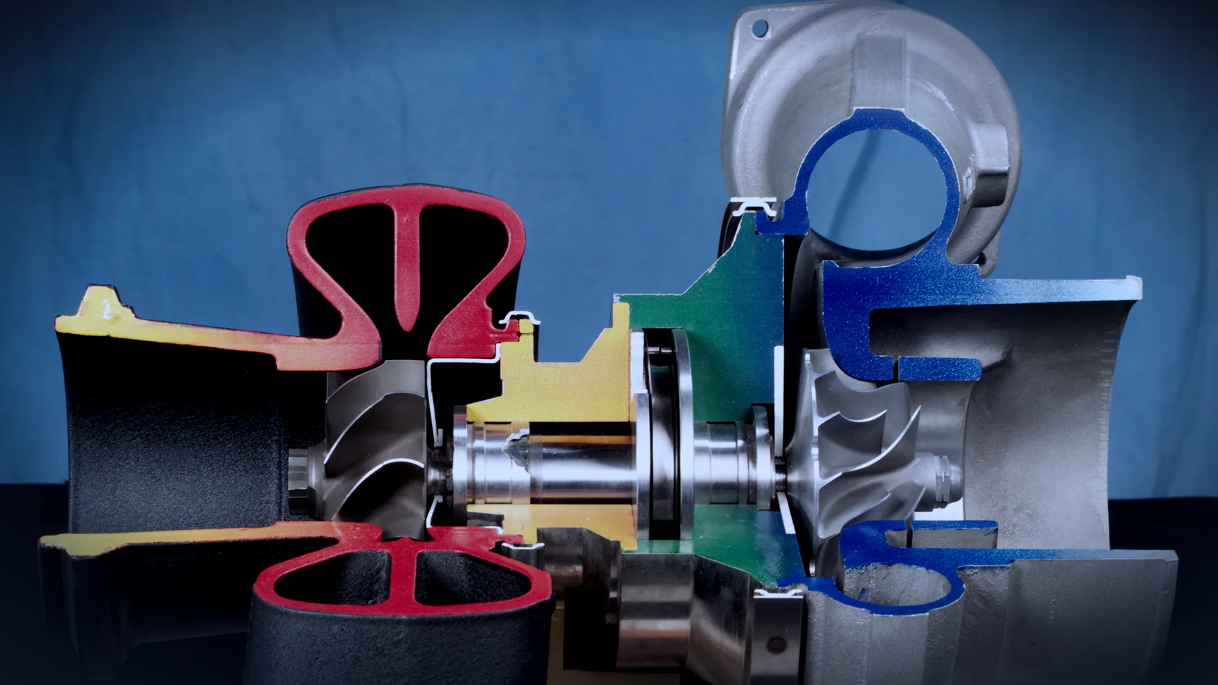 A turbocharger cutaway showing the compressor wheel and the turbine wheel on one shaft.