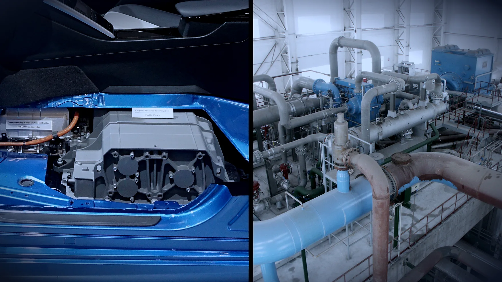 A hydrogen fuel-cell stack in a vehicle, beside the compressor train of an air separation unit.