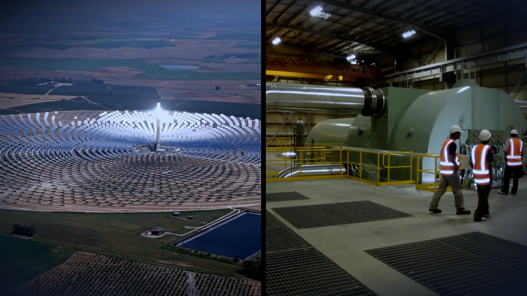 A concentrating solar power tower, beside the machine hall of a geothermal power plant.